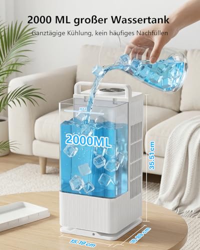 Aiorber Mobile Air Conditioning Mini Air Cooler: Fan with Water Cooling 2000 ml Water Tank 120° Oscillation, 4 Wind Levels, LED, Timer Remote Control Air Conditioner without Exhaust Hose for Home and
