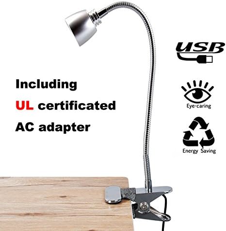 FOCUSAIRY Reading Light Lamp, Night Book Light, Energy-Efficient 3W LED Table Desk Lamp, 2 Brightness Levels Clip On for Desk Bed Headboard and Computers with USB Cable &amp; AC Adapter (Silver)