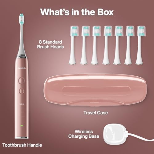 Aquasonic Vibe Series Ultra-Whitening Electric Toothbrush | ADA Accepted Toothbrush, 8 Brush Heads & Travel Case, 40,000 VPM Motor & Wireless Charging, 4 Modes w Smart Timer - Rose Gold