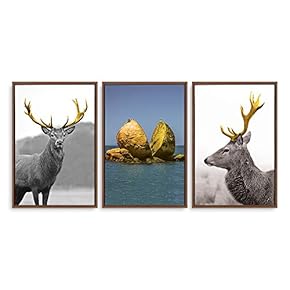 3 Panel Framed Canvas Wall Art for Living Room, Bedroom Deer with Gold Antlers Canvas Prints for Home Decoration Ready to Hang - 16"x24"x3 Panels