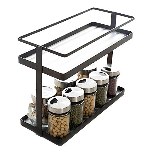 2-Tier Spice Rack Organizer - Kitchen In-cabinet Seasoning Jar Storage Shelf/Bathroom Countertop Stand Racks with Plastic Liner to Support Small Bottles (Deep Bronze)