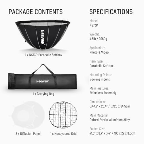 NEEWER Parabolic Softbox Kit, 47.2" Bowens Mount Soft Box with Light Diffusers for Studio Photography Video Recording Streaming Lighting Compatible with Aputure 120d Compatible with Godox SL60w, NS73P
