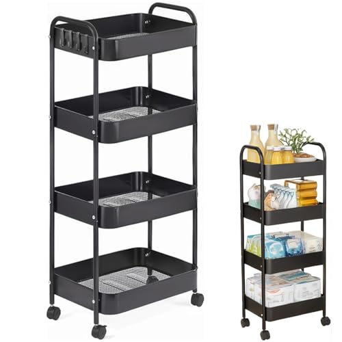 Beauenty 4 Tier Trolley Organizer,Metal Rolling Storage Cart,Mobile Utility Storage Rack,With Handle And Lockable Casters Multifunctional Organizer For Kitchen,Bathroom,Laundry Room Living Area(Black)