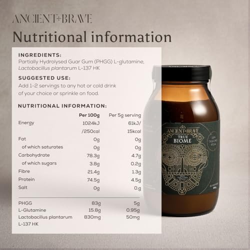 Ancient + Brave True Biome Fibre & Gut Health Powder – Prebiotics, Postbiotics & L-Glutamine – PHGG Soluble Fibre for Digestive Health, Microbiome Balance