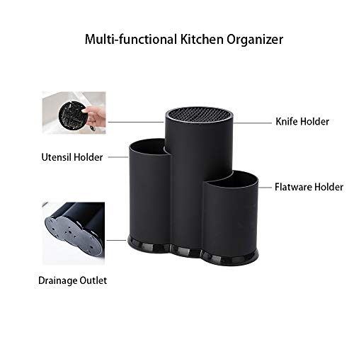 3-in-1 Kitchen Utensil Holder Set with Knife Block without Knives, Large Kitchen Tools Flatware Holder Organized Utensil Drying Cylinder, Black