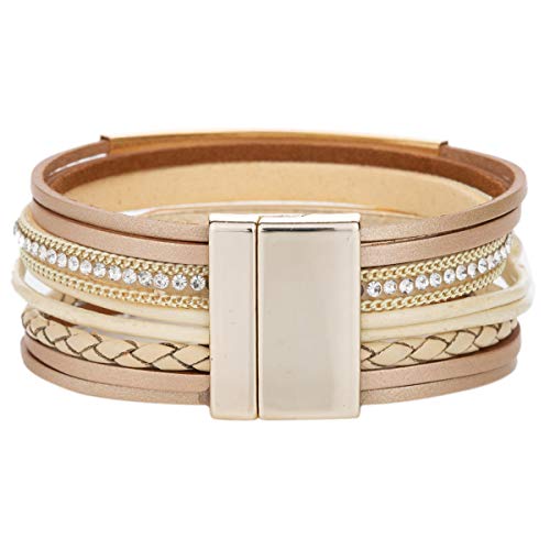 Yoocool Multi-Layer Handmade Leather Bracelet Braided Wrap Cuff Bangle with Alloy Magnetic Clasp Beaded Wrist Bracelets Jewelry for Women,Girl Gift (Beige with ID Tag)
