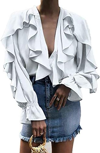Inwinner Women's Ruffled Chiffon Shirt Business Attire Summer V Neck Long Sleeve Top Button Down Loose Blouse
