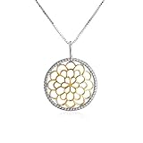 Sterling Silver and 18K Gold Bali Inspired Filigree Round Circle Floral Pendant Necklace, Best Jewelry for Women, 16/18
