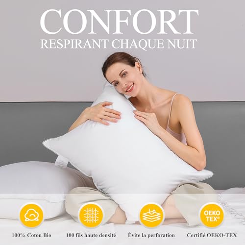 Orange Wave Oreiller Plume 60x60 - Coussin de Luxe en Duvet et Plume Qualité Hôtelière et Confort Oreiller Ergonomique, Certifié RDS et Oeko-TEX pour Un Soutien Optimal