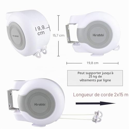 Hoxsury Retractable Clothes Line Space Saving Adjustable Rope Easy Installation Indoor Outdoor 30m Invisible Extension Cable for Balcony/Porch/Garden White