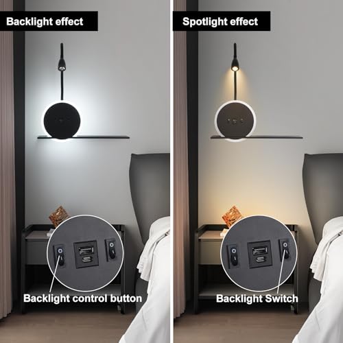 LED Bedside Reading Light, 2-Piece Wall Lamp with Switch, Reading Lamp with USB Charging Port + Type C, 3W 3000K + 9W 6000K Bed Head Lamp, Bedside Lamp for Hotel Room, Black