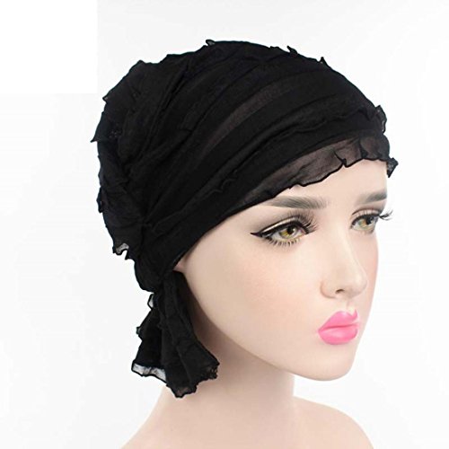 Sunfei Women Chiffon Ruffle Cancer Chemo Hat Beanie Scarf Turban Head Wrap Cap (Black)