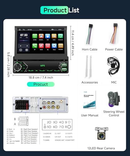 VECHTEL Carplay Android Auto Wireless Car Radio with 7 Inch Electrically Retractable Display, 1 DIN FM Radio with Bluetooth, Mirror Link,2 USB/Type-C/SD with Rear View Camera/Steering Wheel Control