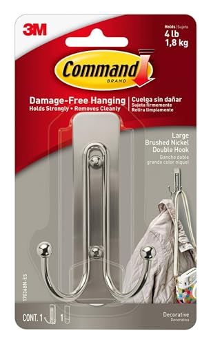 Command Large Brushed Nickel Double Hook, 1 Hook and 1 Command Strip, Damage-Free Hanging Wall Hooks with Adhesive Strips, No Tools Coat Hooks for Hanging Home Decor, Holds up to 4 lb
