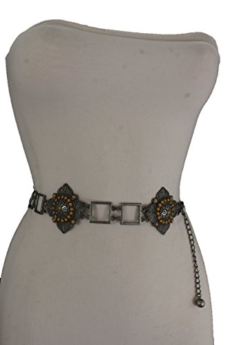 TFJ Women Ethnic Belt Hip Waist Vintage Antique Silver Metal Flower Charms S M L