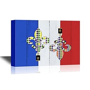 Canvas Wall Art - Fleur De Lis with Badges on Wood Style French Flag - Gallery Wrap Modern Home Art | Ready to Hang - 12x18 inches