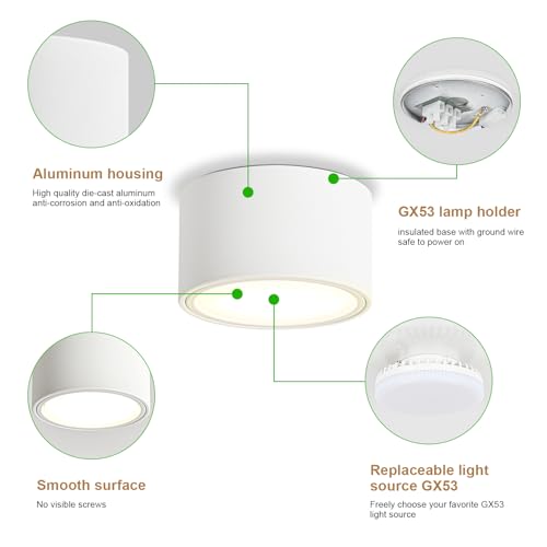 KYOTECH 4 x LED Surface-Mounted Spotlights, 4000 K Ceiling Spotlights, Matt White, 6 W, 550 lm, GX53 LED Surface-Mounted Spotlights, Diameter 95 x 55 mm, Surface-Mounted 230 V Surface-Mounted Light, Ceiling Light for Bedroom, Living Room