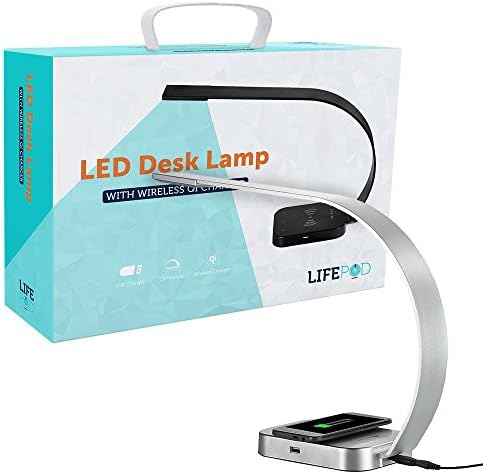 LED Desk Lamp with Built In Wireless QI Charger and USB Port to Charge all Your Devices. Touch Sensitive Controls, 5 Brightness Levels and Anti-Glare Design! (Silver)