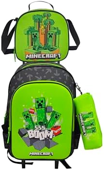 Carrinho Funcional, Escola, Viagens, 3 Pcs, Lancheira, Mala, Cor Verde, Produto Oficial, Minecraft
