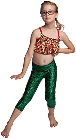 YogaBerries Mermaid Scale Leggings for girls Capri kids (Green, 5/6)