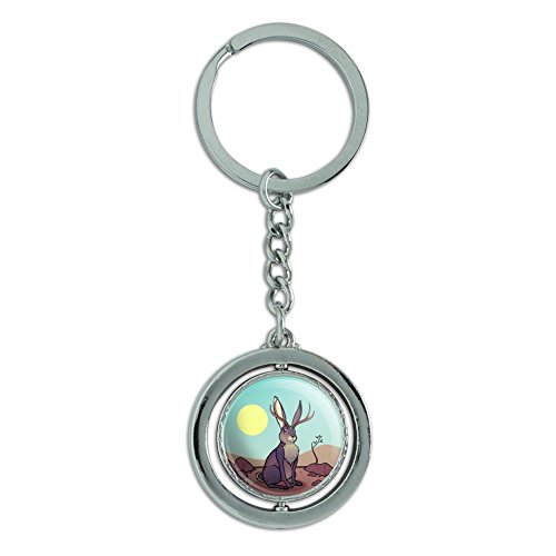 Cartoon Jackalope Spinning Round Chrome Plated Metal Keychain Key Chain Ring
