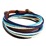 MORE FUN Charm Mens Womens Genuine Leather Bangle Colorful Rope Snap Button Multilayer Wrap Bracelet (Blue)