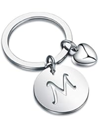 HOLLP Silver Initial Disc Charm Keychain 26 Initial Letter Alphabet Key Ring A-Z Initial English Charm Stainless Steel Initial Key for Women (M)