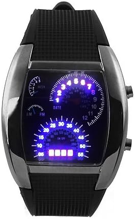 Digital Car Meter Dial Wristwatch Black Rubber Strap Band Blue RPM Turbo LED New