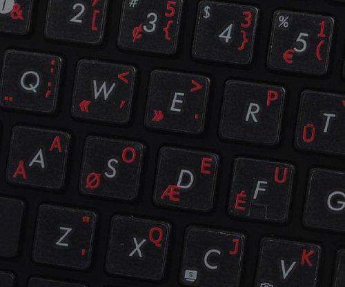 DVORAK PROGRAMMER KEYBOARD LABELS LAYOUT ON TRANSPARENT BACKGROUND WITH BLUE, ORANGE, RED, WHITE OR YELLOW LETTERING (14X14) (Red)