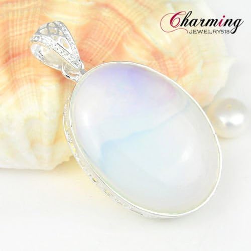 Rare Handmade Oval Rainbow Moonstone Gems Silver Necklace Pendant