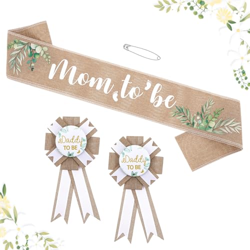 Matwsec Neutral Burlap Mom to Be Sash, Mom and Dad to Be Pin, Boho Mommy to Be Sash and Baby Shower Corsage Pin Set for Pregnant Mommy Gift Party Decorations