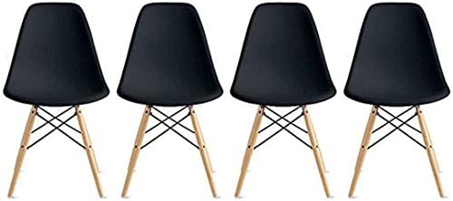 Nicer Furniture Set of 4 Black Eames Style Side Chair with Natural Wood Legs Eiffel Dining Room Chair - Dowel Leg - Eiffel Legged Base Molded Plastic Seat Shell Top - Paris Tower Side Dining Chair