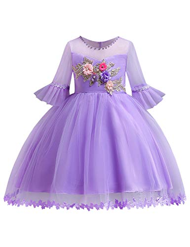 Blevonh Little Girls Dresses Toddler Kids Bridesmaid Sleeveless 3D Embroidered Party Dresses Baby Boutique Dresses in Girls Size(120) 3-4 Years Purple Dresses