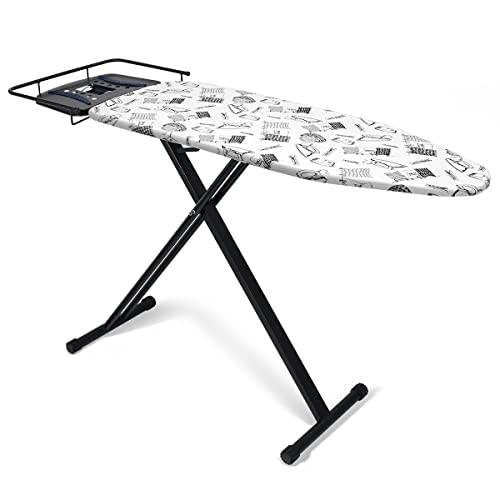 Duwee Deluxe Ironing Board with Big Steam Iron Station Holder,Heat Resistant Metallic Cover with Thick Double Layers Padding,Adjustable Height,Foldable Strong Legs (17