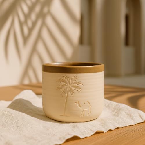 Handcrafted Ceramic Cup with Camel & Palm Tree | “What the Desert Gives” Gold Quote | Gift-Ready UAE Souvenir | Minimalist Mug by Saharé | Rustic Beige, Premium Finish