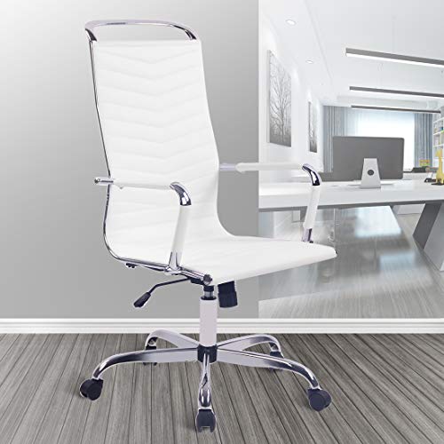 Elecwish Adjustable Office Executive Chair, High Back Tall Ribbed, Pu Leather, Wheels Arm Rest Computer, Chrome Base, Home Furniture, Conference Room Reception White