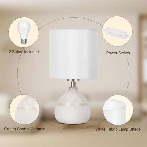 Modern Ceramic Table Lamps Set of 2, Bedside Nightstand Lamps with White Shade, 3 Color Temperatures, LED Bulbs Included, Elegant Lighting for Bedroom Living Room Office