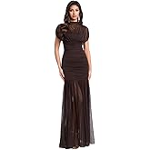 Prettible Women's Elegant Ruched Sheer Maxi Dress High Neckline Short Sleeve Bodycon Formal Evening Gowns