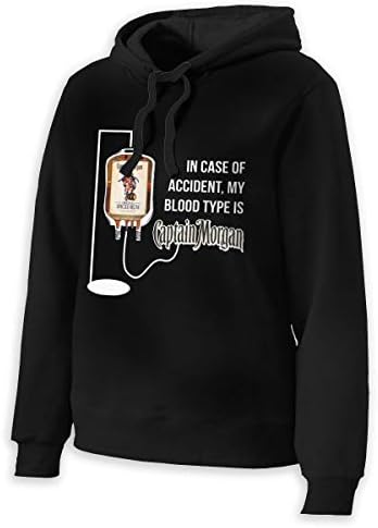 Womens in Case of Accident My Blood Type is Captain Morgan Long Sleeve Casual Style Drawstring Hoodies Black