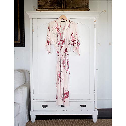 OLDSHANGHAI Women's Charmeuse Kimono Robe Long - Watercolor Floral - Cherry Blossom & Crane- Rose Quartz (Pink)