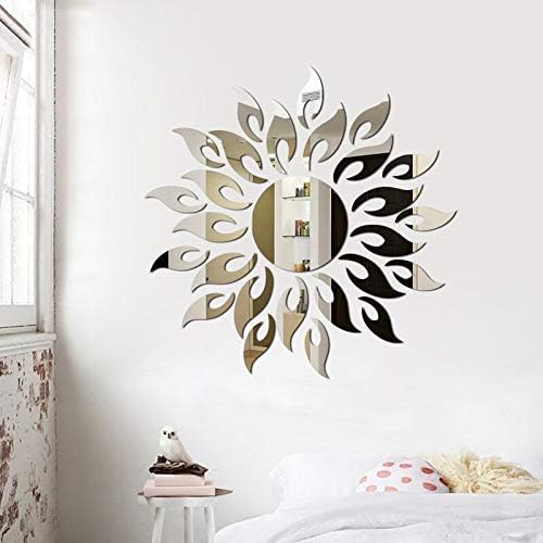 JUMRHFAN 3D Sunflower Mirror Wall Stickers Round Acrylic Living Room Bedroom TV Background Wall Decals Marriage Room Entrance Home Decor (Silver) - Image 5