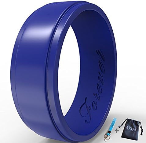 Arua Elegant Glossy Silicone Wedding Ring for Men. Thin, Comfortable, Durable Rubber Wedding Bands. Gift Bag and Silicone Keychain Included.