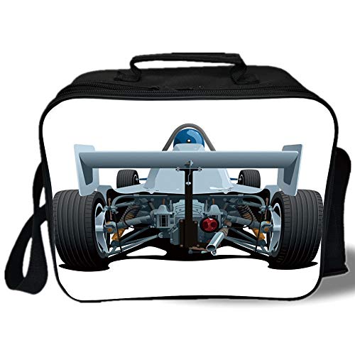Insulated Lunch Bag,Cars,Back View of a Formula 1 Race Car Rally Competition Sports Cartoon Style,Bluegrey Black White,for Work/School/Picnic, Grey