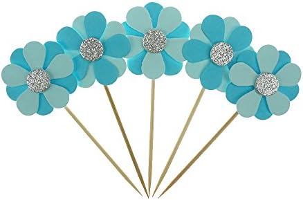 Blue Flower Cake Cupcake Toppers for Birthday Wedding Baby Shower Decoration Pack of 16 by GOCROWN