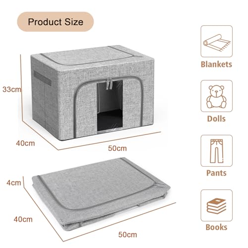 Eyeleaf Storage Bags with Zips, 3PCS Linen Clothes Storage Bag 24L 66L 100L Large Storage Bags Foldable with Metal Frame Lid Clear Window Durable Handles for Clothes Bags (66L)