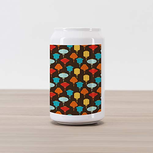 Lunarable Lantern Cola Can Shape Piggy Bank, Chinese New Year Celebrations Theme with Stylized Colorful Lanterns Oriental Design, Ceramic Cola Shaped Coin Box Money Bank for Cash Saving, Multicolor