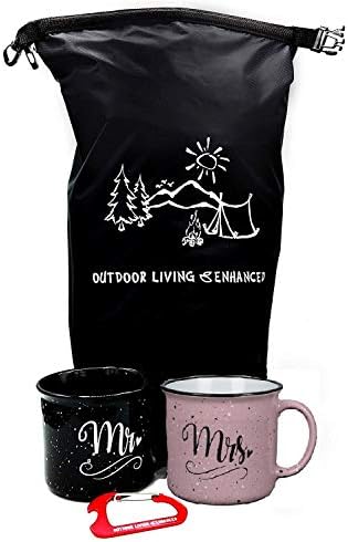 Mr and Mrs Couples Camping Pack Ceramic Coffee Mug Set - Unique Wedding Gift For Bride and Groom - His and Hers Anniversary Present Husband and Wife - Engagement Gifts For Him and Her (Mrs & Mrs Mugs)