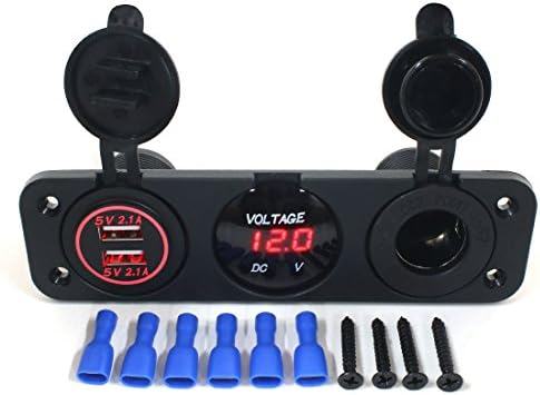 AOTOMIO Triple Function LED Car Digital Voltmeter & Dual USB Car Charger 5V up to 4.2A & 12V Outlet Power Socket Red LED Three Holes Panel Waterproof Cap (Applicable on car, Motorbike & Boat)