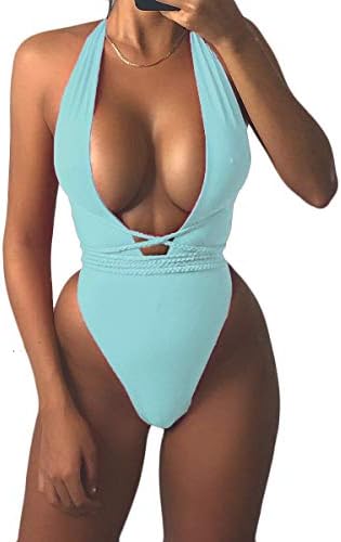 Womens Sexy Deep V Neck High Waist Multi-Way Bandage One Piece Swimsuits Swimwear