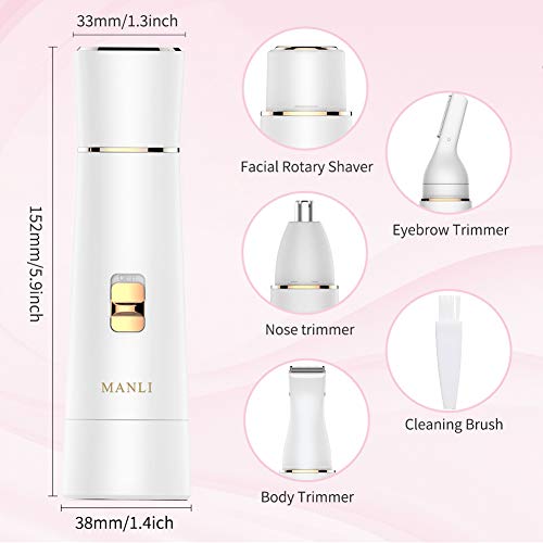 Facial Hair Removal for Women, MANLI 4 in 1 IPX 6 Waterproof Painless Lady Grooming Kit With Facial Hair Remover, Body Shaver, Nose Hair and Eyebrow Trimmer, USB Rechargeable Trimmer【Upgrade Motor】